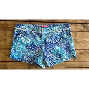 Lilly Pulitzer Buttercup Shorts Blue Seashell Mosaic Fringe Trim Womens Size 12